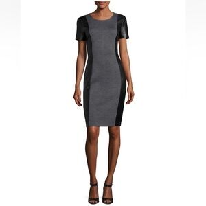 St. John Grey & Black Leather Side Panel Sheath Dress